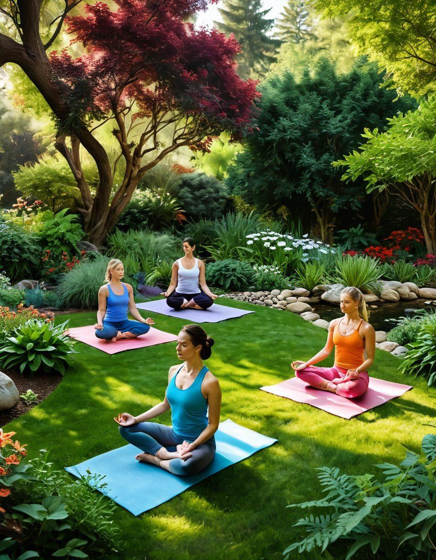 A serene setting depicting a peaceful garden with a diverse group of people practicing yoga and meditation, symbolizing holistic health. Include elements like herbal remedies, a nutritionist discussing healthy food choices, and a gentle stream flowing nearby to signify tranquility. Warm, inviting colors to create a calm atmosphere. super-realistic. vibrant colors.