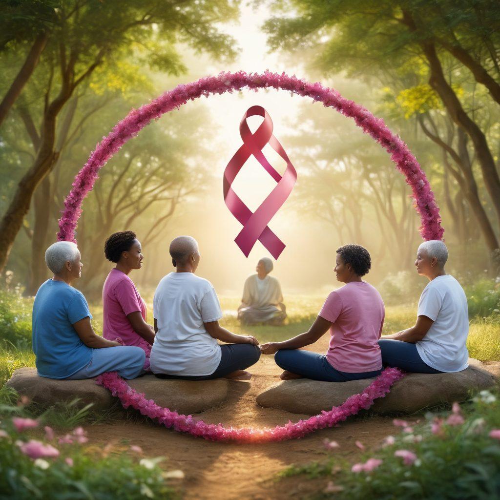 A diverse group of patients and survivors engaging in a supportive circle, sharing stories of strength and resilience. The background features a vibrant cancer awareness ribbon woven through nature, symbolizing hope and healing. Soft, comforting colors create a warm atmosphere, while inspirational quotes about empowerment are subtly included in the background. The scene captures a sense of community and support. super-realistic. vibrant colors. 3D.
